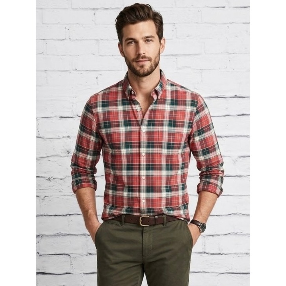 J.Crew Slim Fit Plaid Cotton Oxford Button Down Shirt Red Green White Large